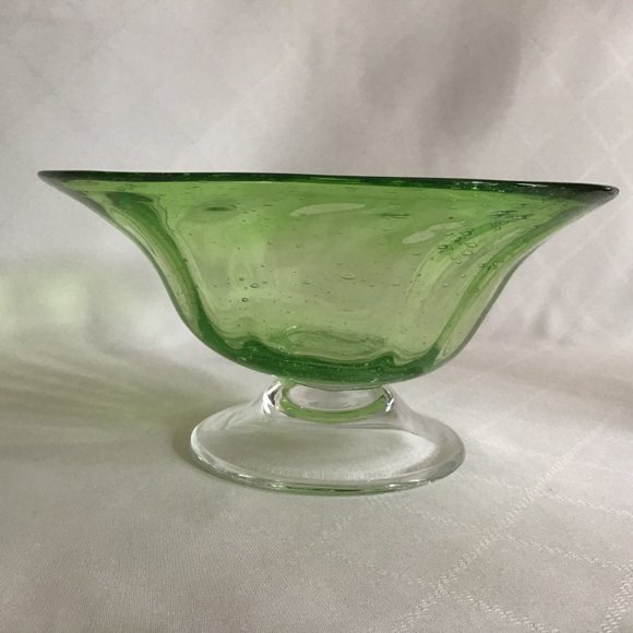 Hand Blown Art Glass Bubble Green glass Pedestal Bowl - Picture 3 of 9